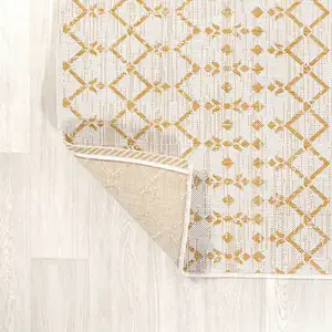 Photo of 5' Cream And Yellow Square Trellis Indoor Outdoor Area Rug