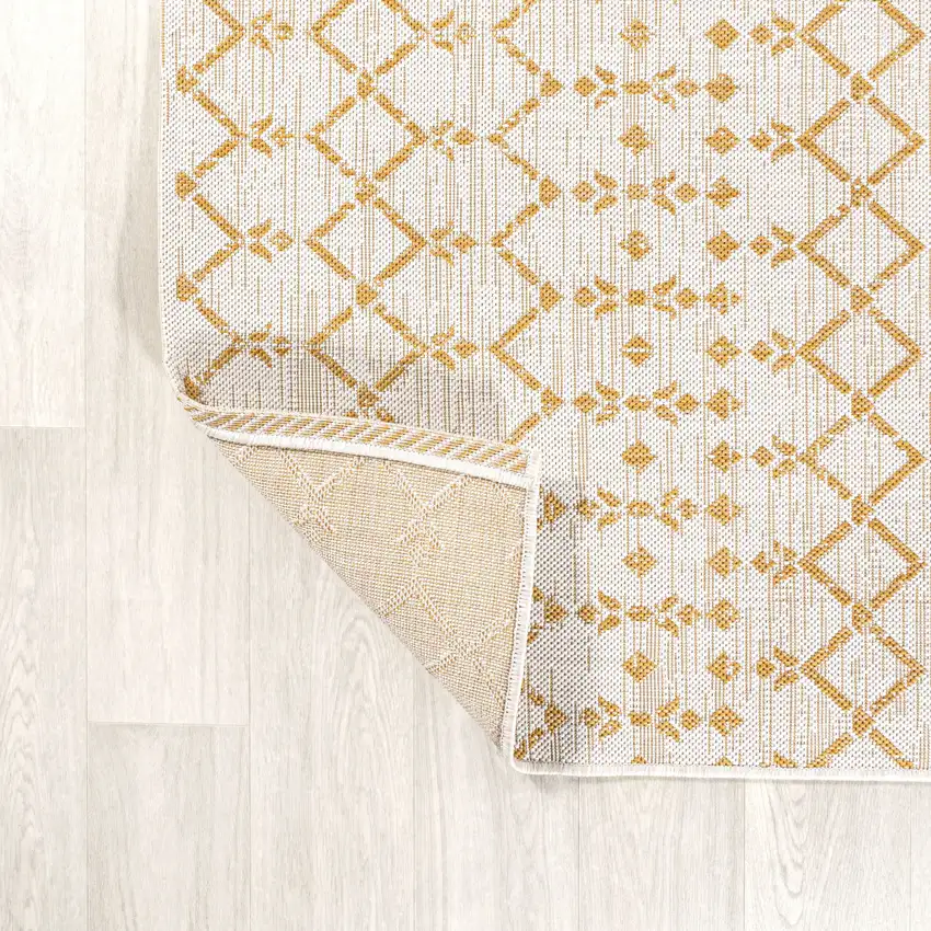 5' Cream And Yellow Square Trellis Indoor Outdoor Area Rug Photo 1