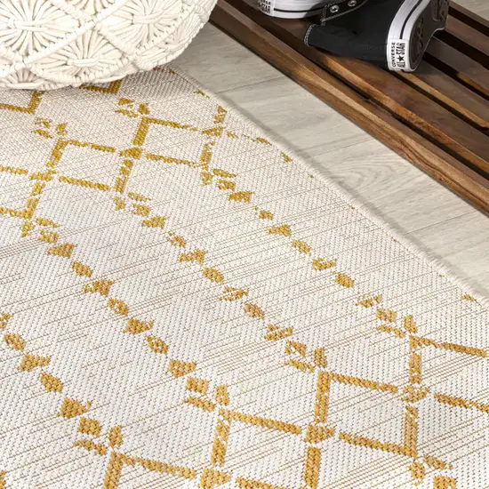 10' Cream And Yellow Trellis Indoor Outdoor Runner Rug Photo 7