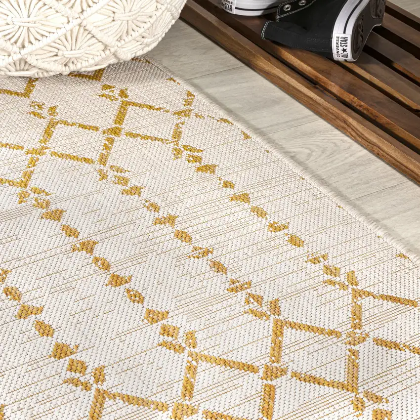 10' Cream And Yellow Trellis Indoor Outdoor Runner Rug Photo 7