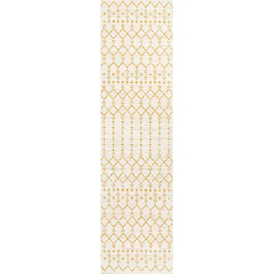 10' Cream And Yellow Trellis Indoor Outdoor Runner Rug Photo 3