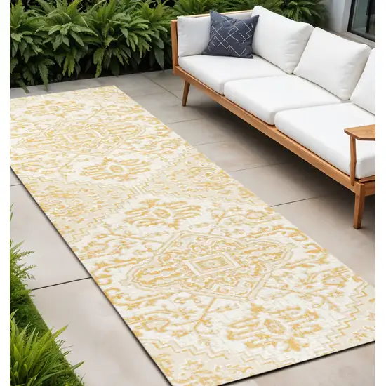 10' Cream And Yellow Trellis Indoor Outdoor Runner Rug Photo 1
