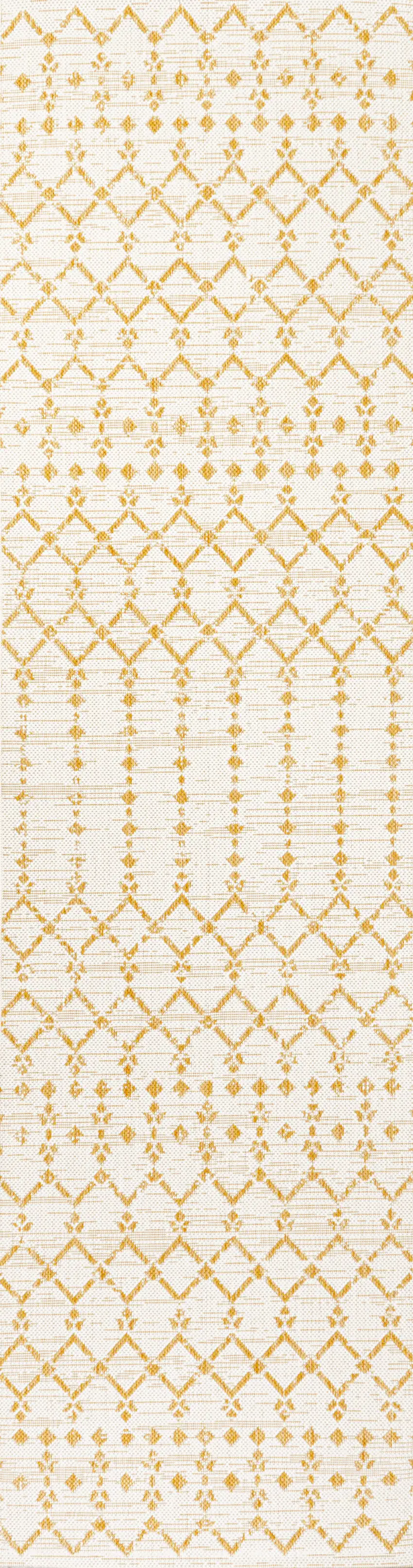 10' Cream And Yellow Trellis Indoor Outdoor Runner Rug Photo 1
