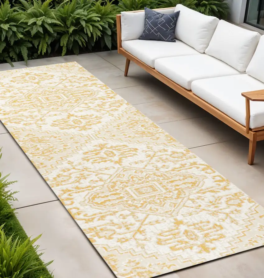8' Cream And Yellow Trellis Indoor Outdoor Runner Rug Photo 1