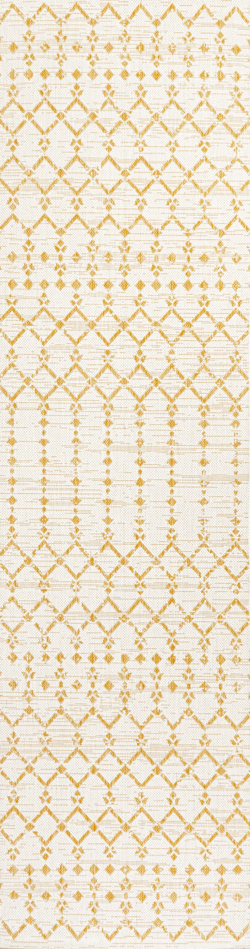 8' Cream And Yellow Trellis Indoor Outdoor Runner Rug Photo 3