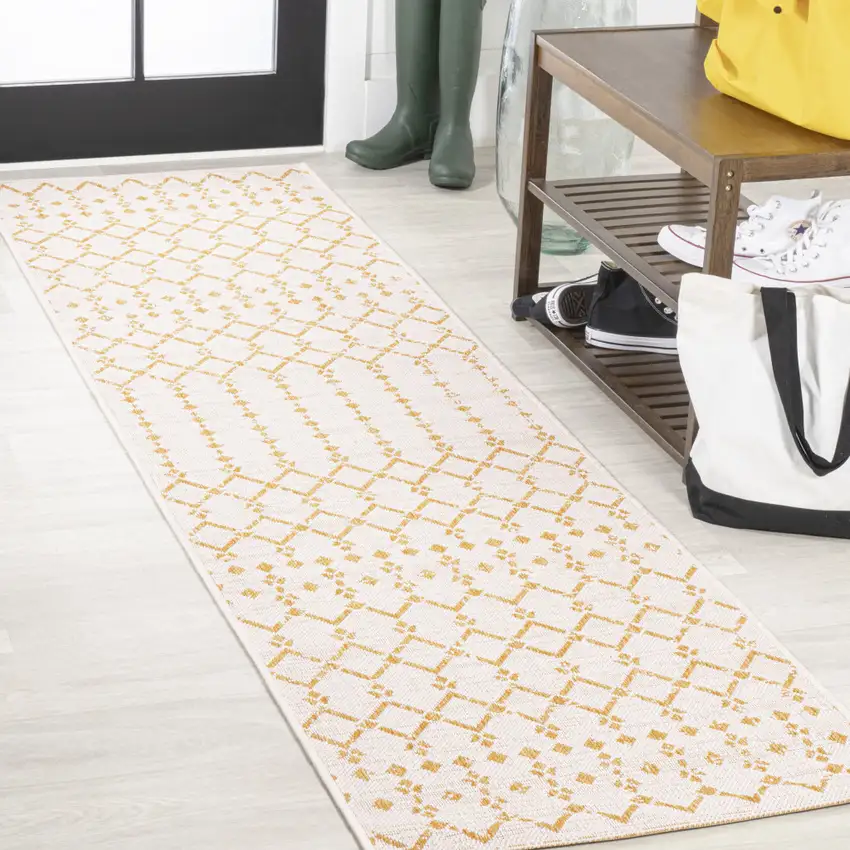 8' Cream And Yellow Trellis Indoor Outdoor Runner Rug Photo 4