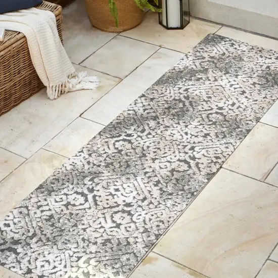 8' Cream Beige And Dark Gray Abstract Indoor Outdoor Runner Rug Photo 5