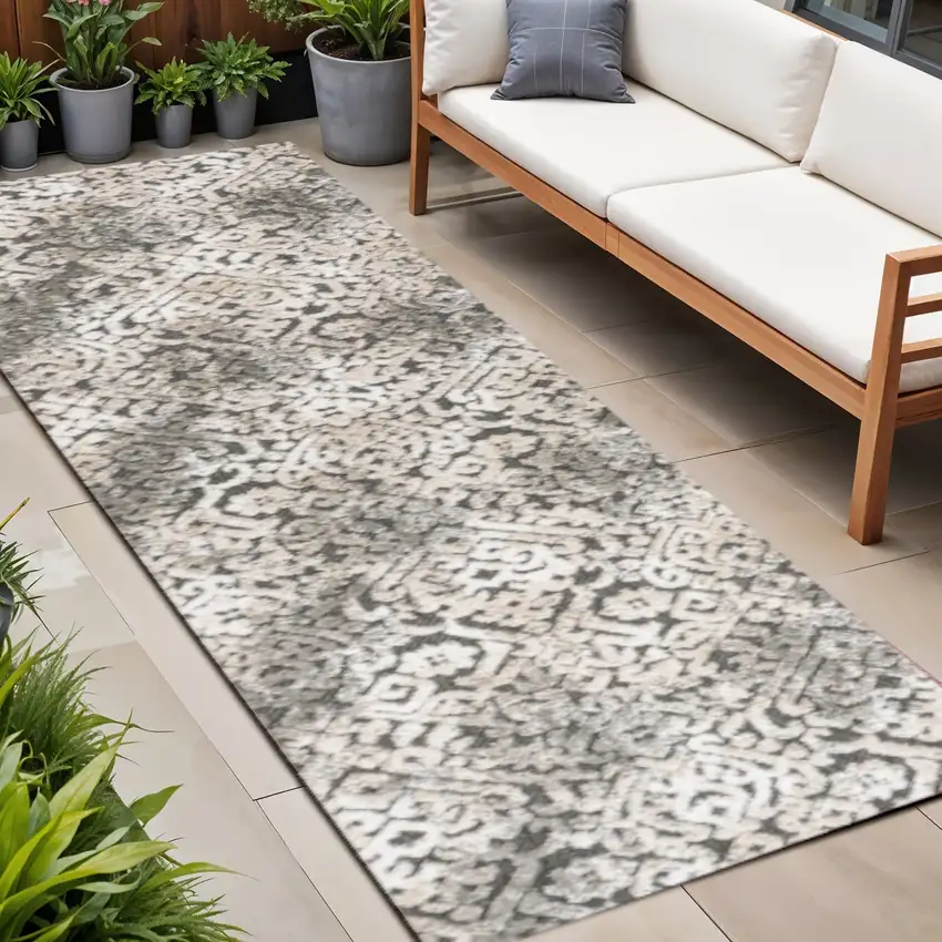 8' Cream Beige And Dark Gray Abstract Indoor Outdoor Runner Rug Photo 1