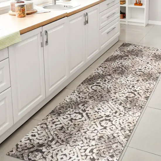 8' Cream Beige And Dark Gray Abstract Indoor Outdoor Runner Rug Photo 6