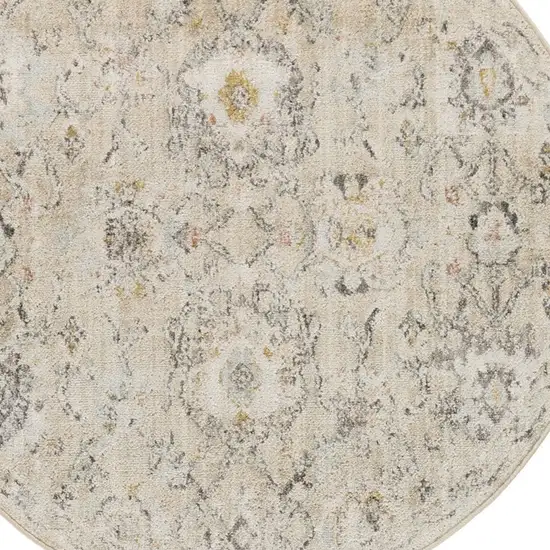 4' Cream Black And Yellow Floral Distressed Round Rug Photo 6