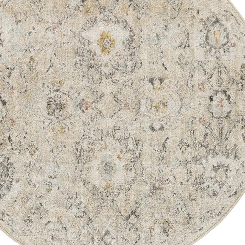 4' Cream Black And Yellow Floral Distressed Round Rug Photo 6