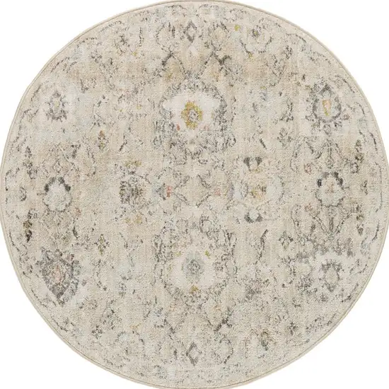 4' Cream Black And Yellow Floral Distressed Round Rug Photo 2