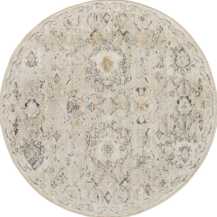 4' Cream Black And Yellow Floral Distressed Round Rug Photo 2
