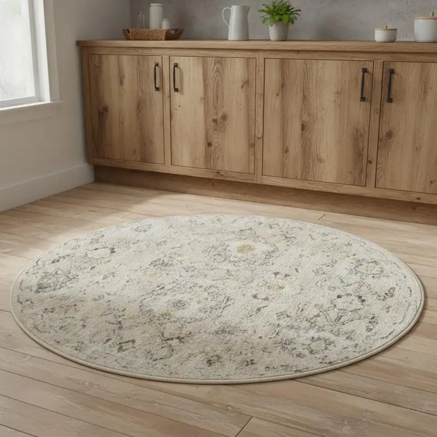 4' Cream Black And Yellow Floral Distressed Round Rug Photo 1