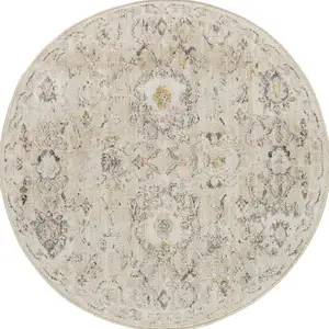 Photo of 8' Cream Black And Yellow Floral Distressed Round Rug