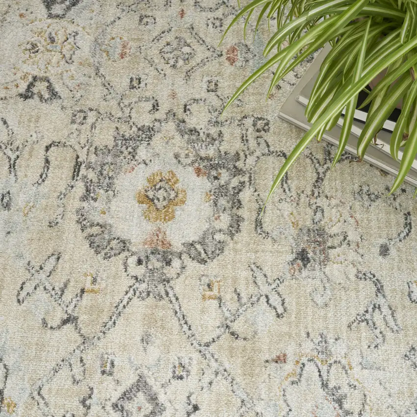 8' Cream Black And Yellow Floral Distressed Round Rug Photo 9