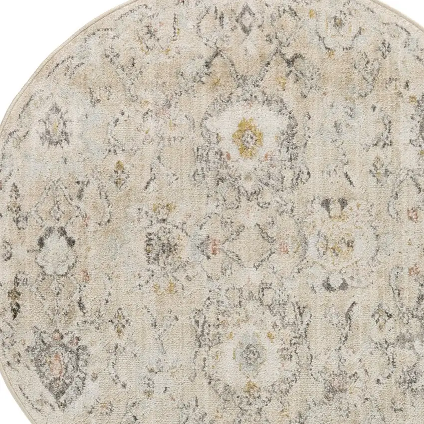 8' Cream Black And Yellow Floral Distressed Round Rug Photo 5