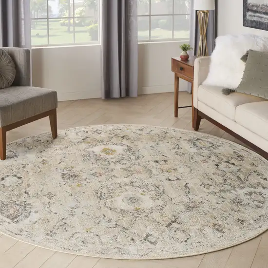 8' Cream Black And Yellow Floral Distressed Round Rug Photo 3