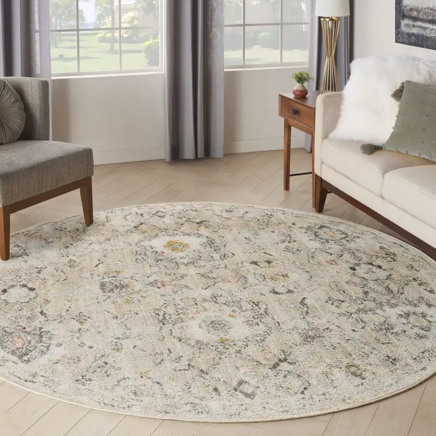 8' Cream Black And Yellow Floral Distressed Round Rug Photo 3