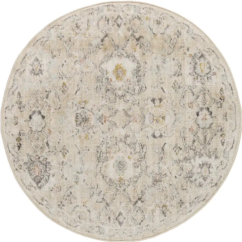 8' Cream Black And Yellow Floral Distressed Round Rug Photo 2