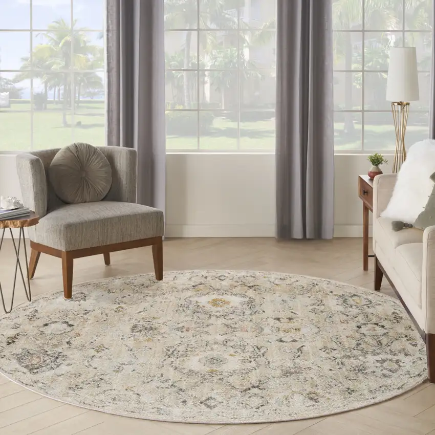 8' Cream Black And Yellow Floral Distressed Round Rug Photo 4