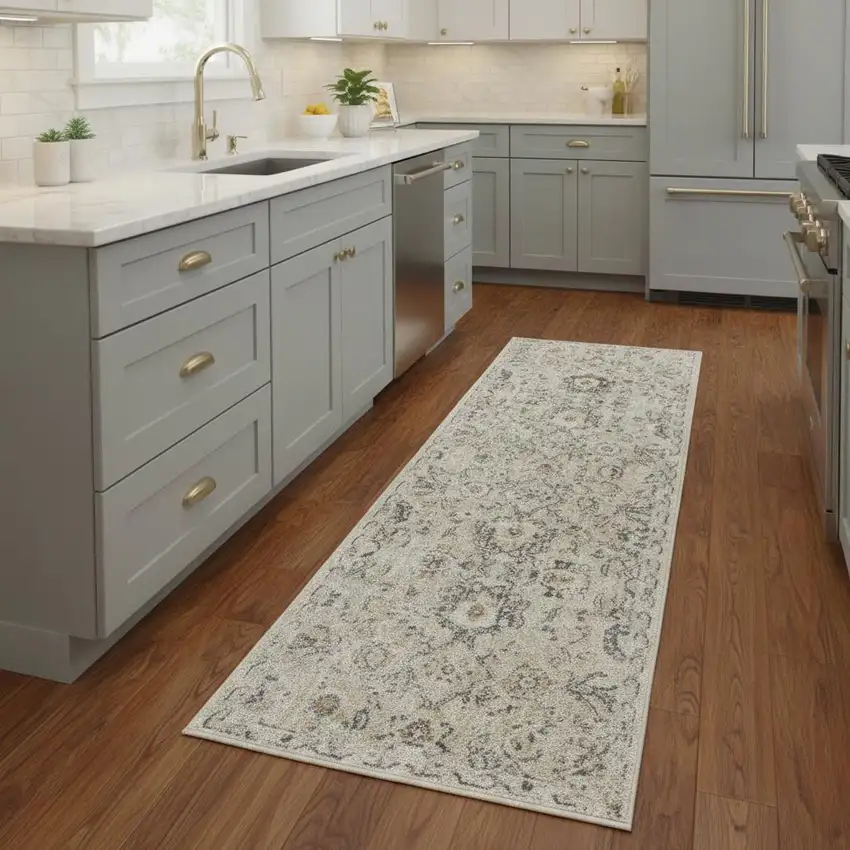 8' Cream Black And Yellow Floral Distressed Runner Rug Photo 1