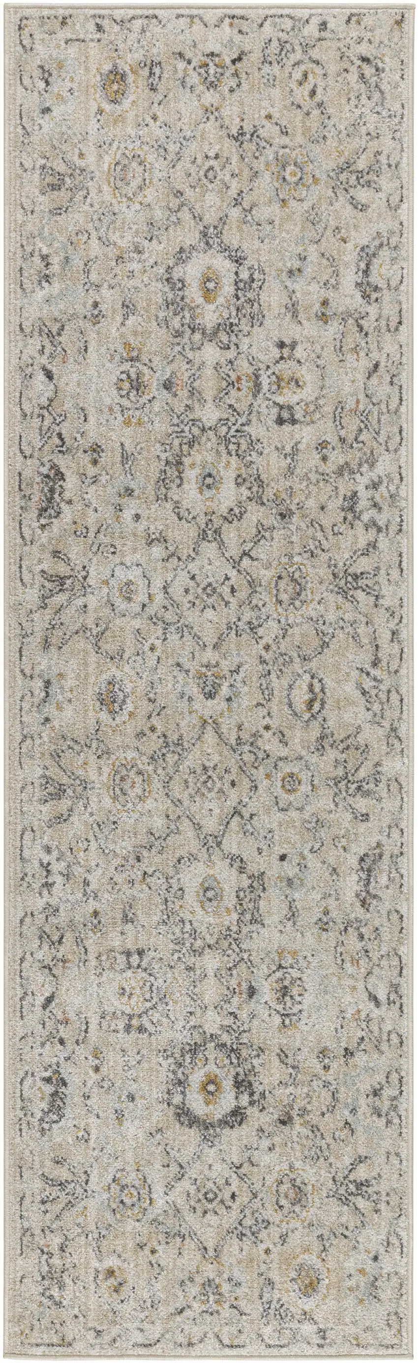 8' Cream Black And Yellow Floral Distressed Runner Rug Photo 4