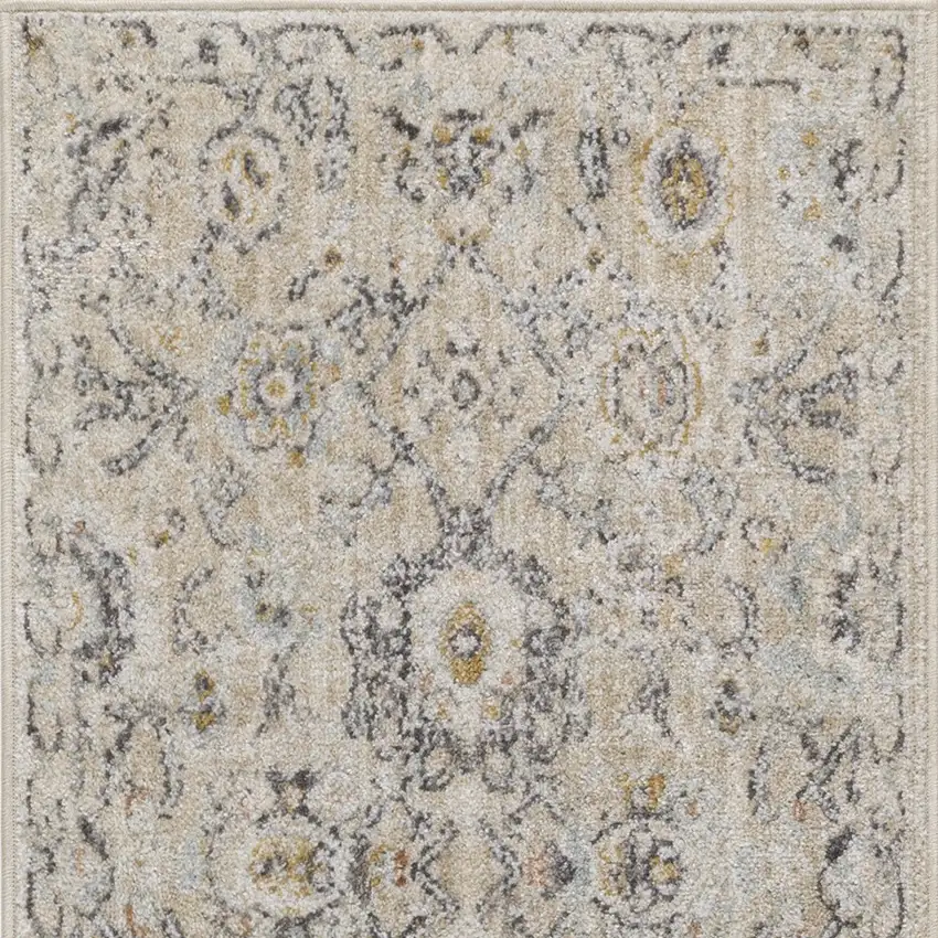 8' Cream Black And Yellow Floral Distressed Runner Rug Photo 7