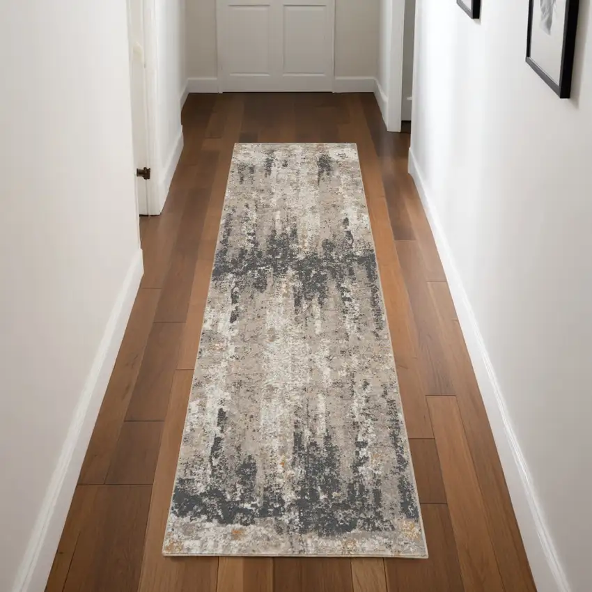 8' Cream Black and Gray Abstract Runner Rug Photo 1