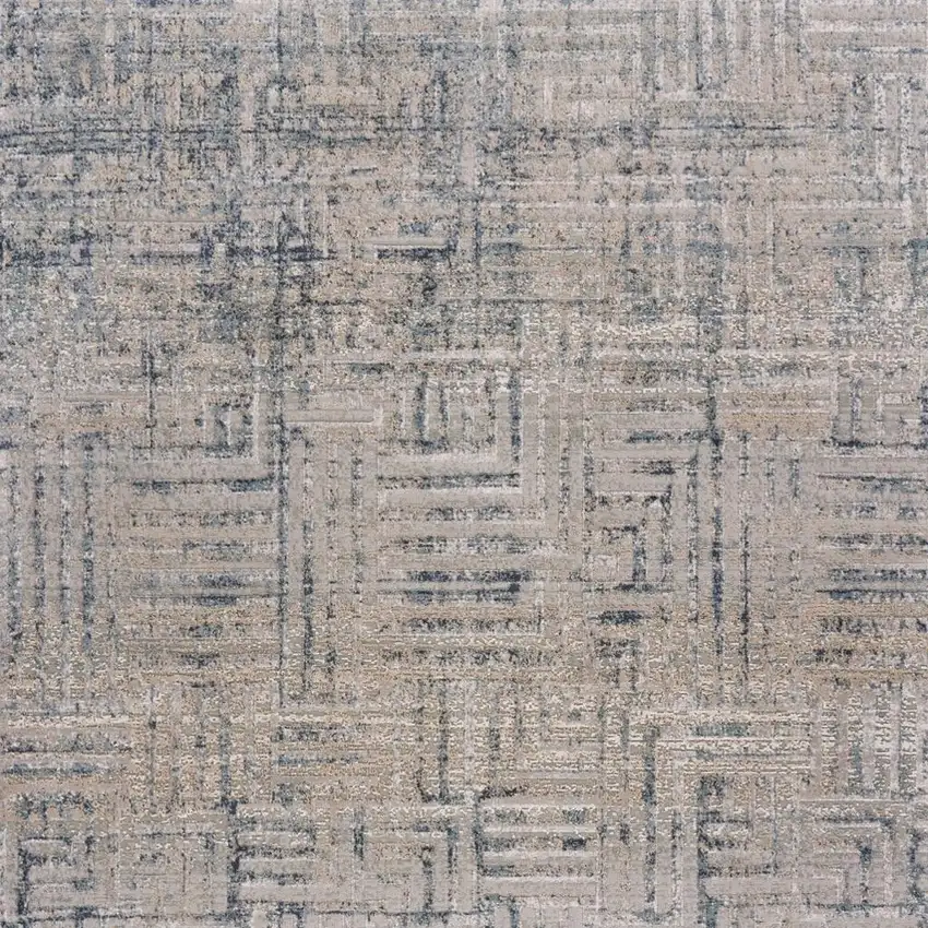 8' Cream Blue And Ivory Geometric Distressed Runner Rug Photo 6