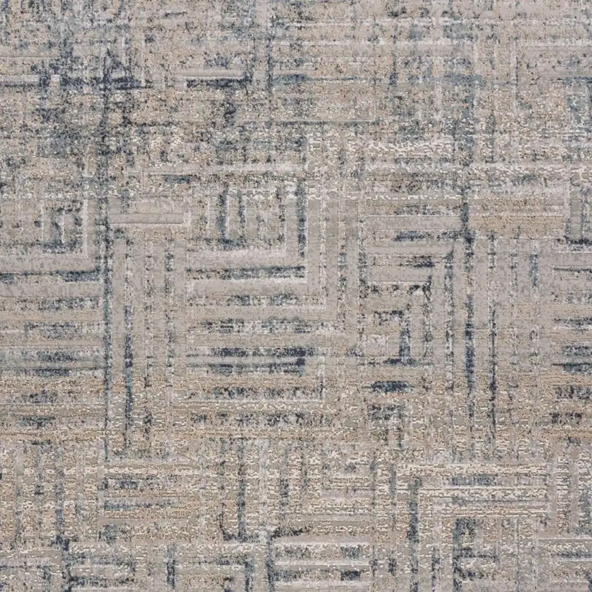 8' Cream Blue And Ivory Geometric Distressed Runner Rug Photo 3