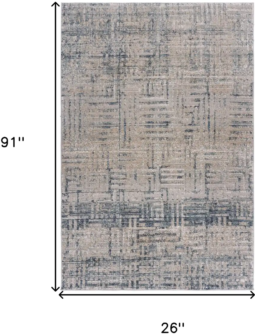 8' Cream Blue And Ivory Geometric Distressed Runner Rug Photo 6