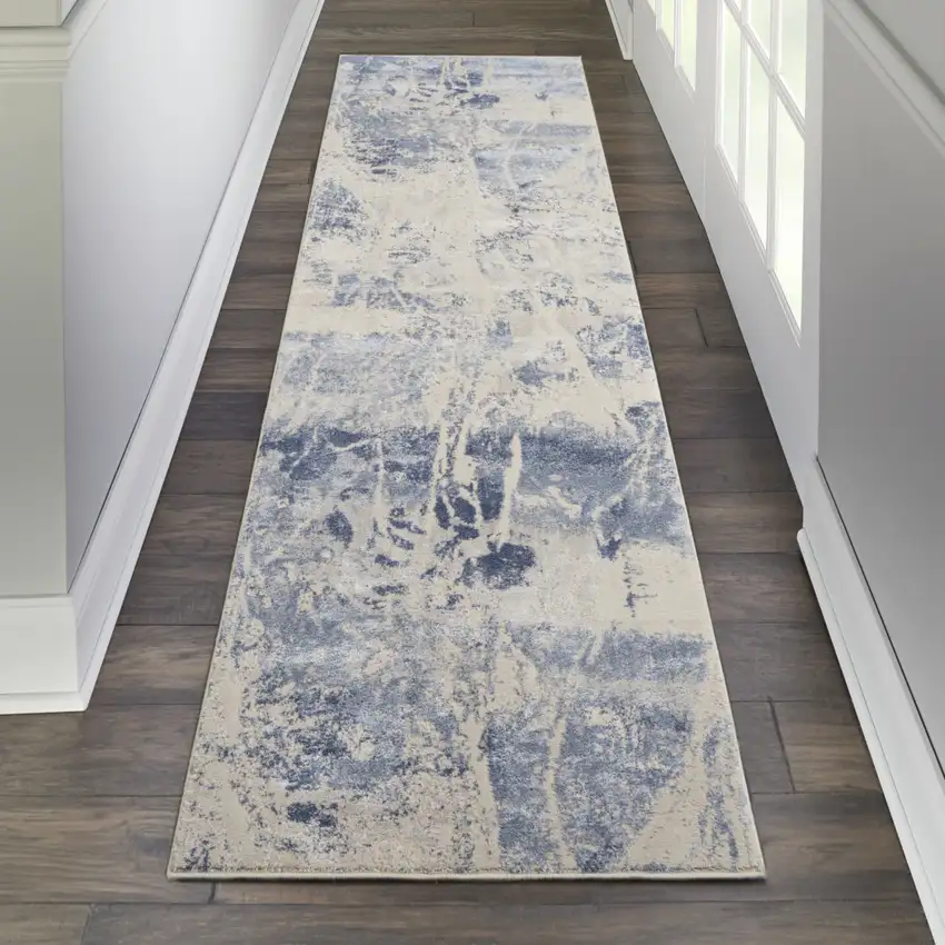 8' Cream Blue And Light Blue Abstract Non Skid Runner Rug Photo 5