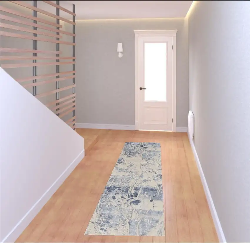 8' Cream Blue And Light Blue Abstract Non Skid Runner Rug Photo 1