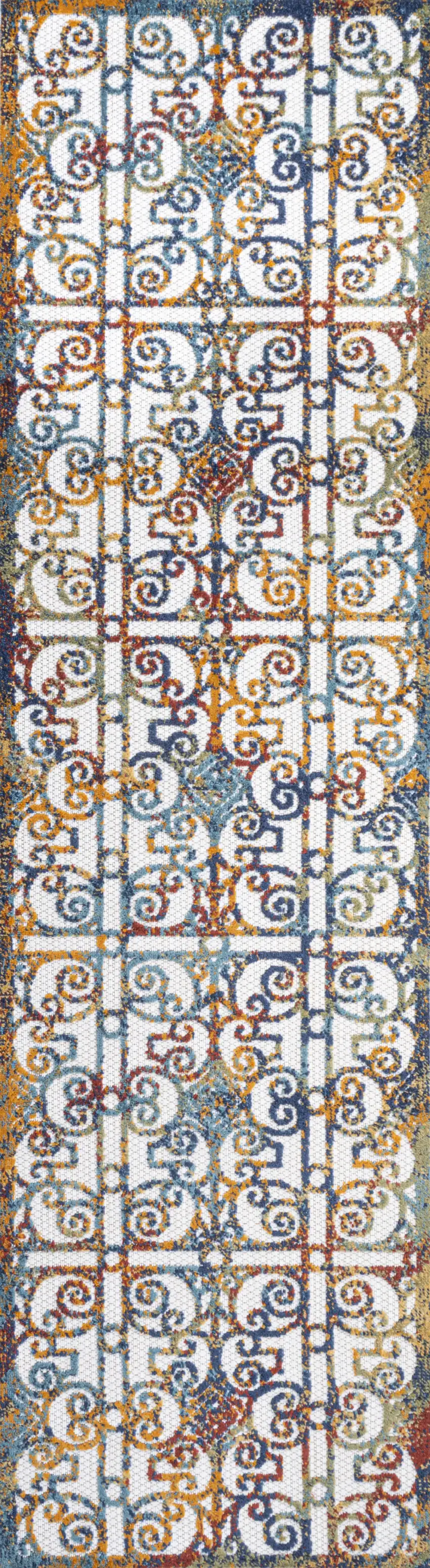 8' Cream Blue And Orange Trellis Indoor Outdoor Runner Rug Photo 2