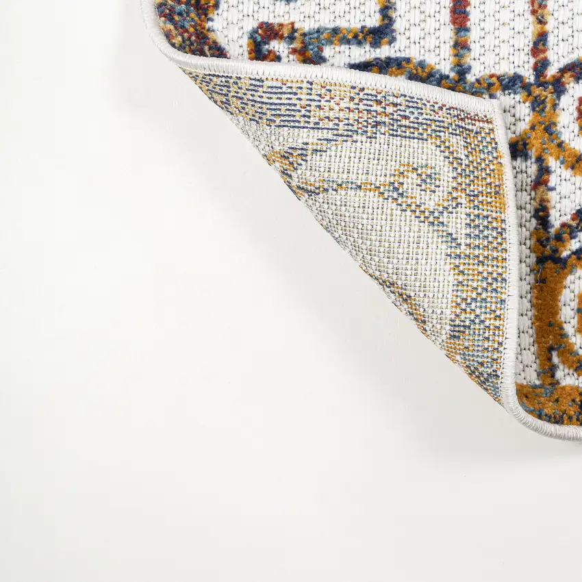 8' Cream Blue And Orange Trellis Indoor Outdoor Runner Rug Photo 7