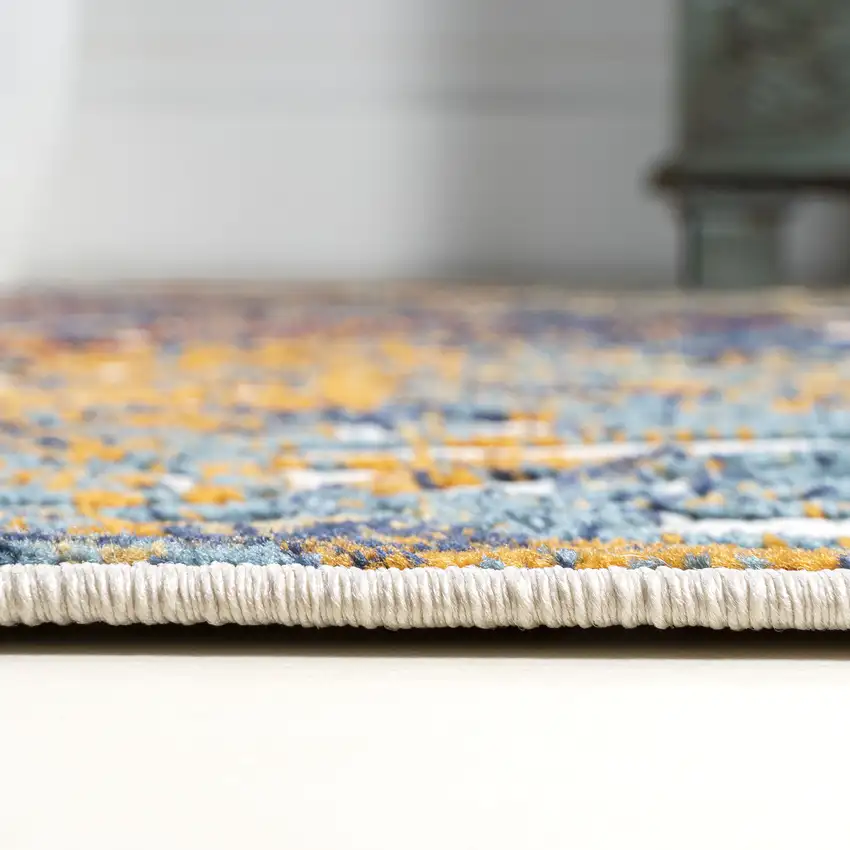 8' Cream Blue And Orange Trellis Indoor Outdoor Runner Rug Photo 9