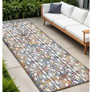 Photo of 8' Cream Blue And Orange Trellis Indoor Outdoor Runner Rug