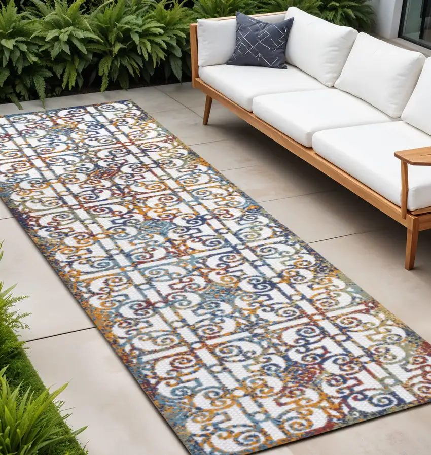 8' Cream Blue And Orange Trellis Indoor Outdoor Runner Rug Photo 1