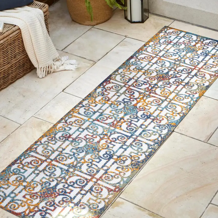 8' Cream Blue And Orange Trellis Indoor Outdoor Runner Rug Photo 5