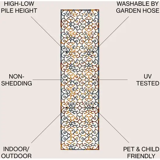 8' Cream Blue And Red Trellis Indoor Outdoor Runner Rug Photo 9