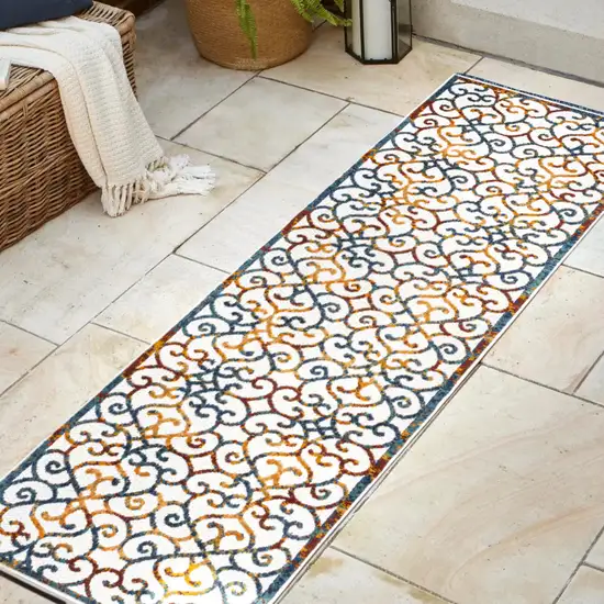 8' Cream Blue And Red Trellis Indoor Outdoor Runner Rug Photo 7