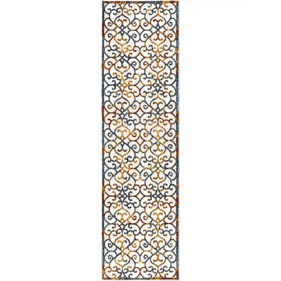 8' Cream Blue And Red Trellis Indoor Outdoor Runner Rug Photo 2