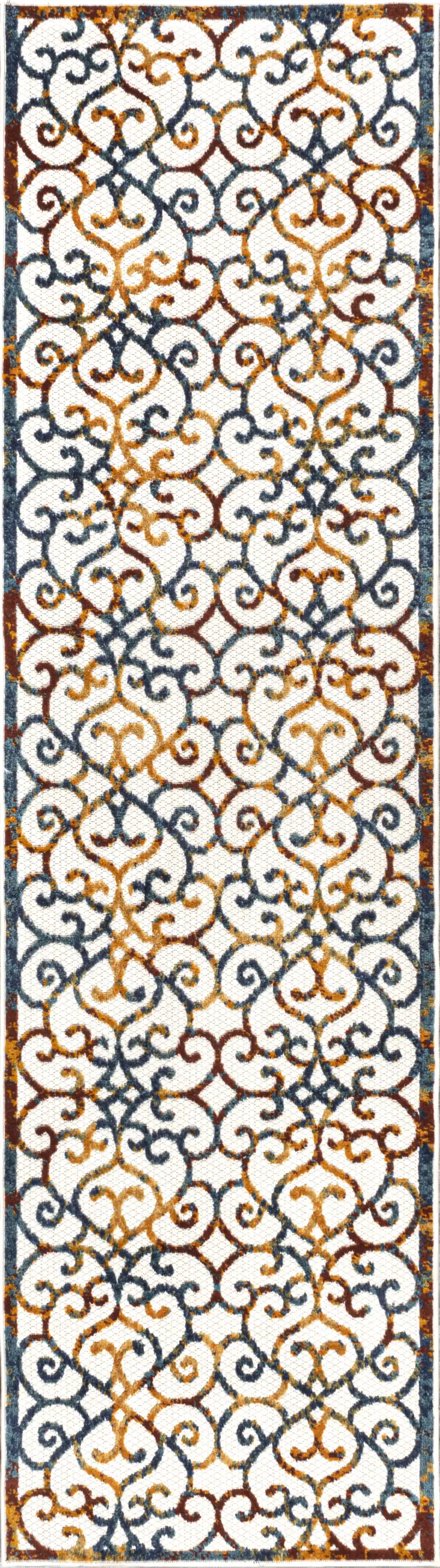 8' Cream Blue And Red Trellis Indoor Outdoor Runner Rug Photo 2