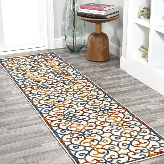 8' Cream Blue And Red Trellis Indoor Outdoor Runner Rug Photo 6