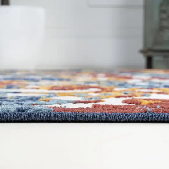 8' Cream Blue And Red Trellis Indoor Outdoor Runner Rug Photo 9