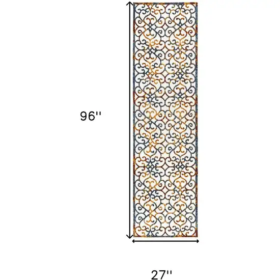 8' Cream Blue And Red Trellis Indoor Outdoor Runner Rug Photo 3