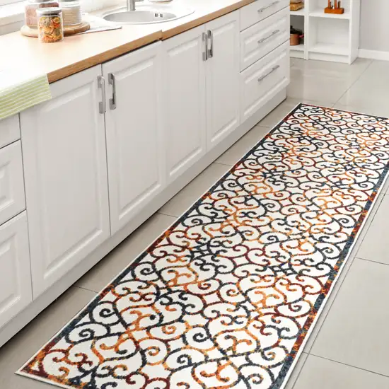 8' Cream Blue And Red Trellis Indoor Outdoor Runner Rug Photo 8