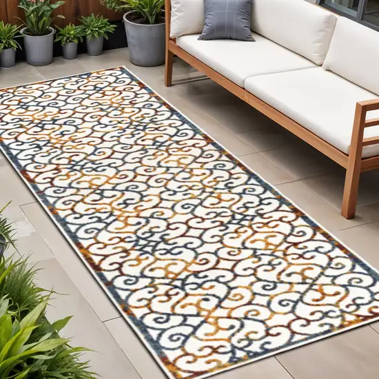 8' Cream Blue And Red Trellis Indoor Outdoor Runner Rug Photo 1