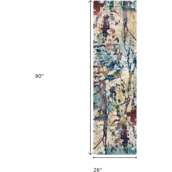 8' Cream Blue and Green Abstract Distressed Runner Rug Photo 3